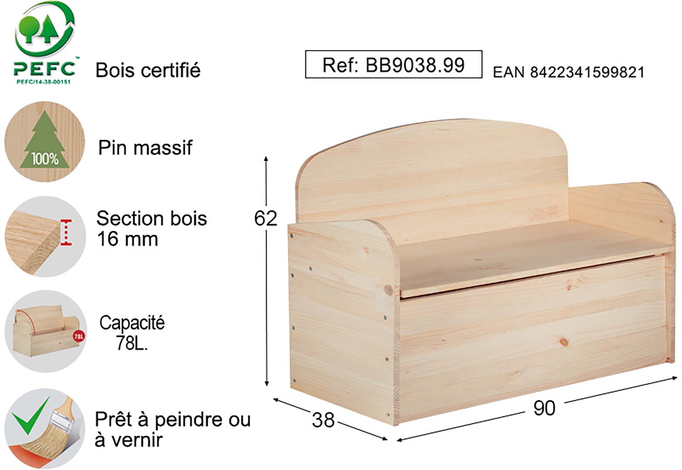 Banc Coffre De Rangement En Pin Brut Litres