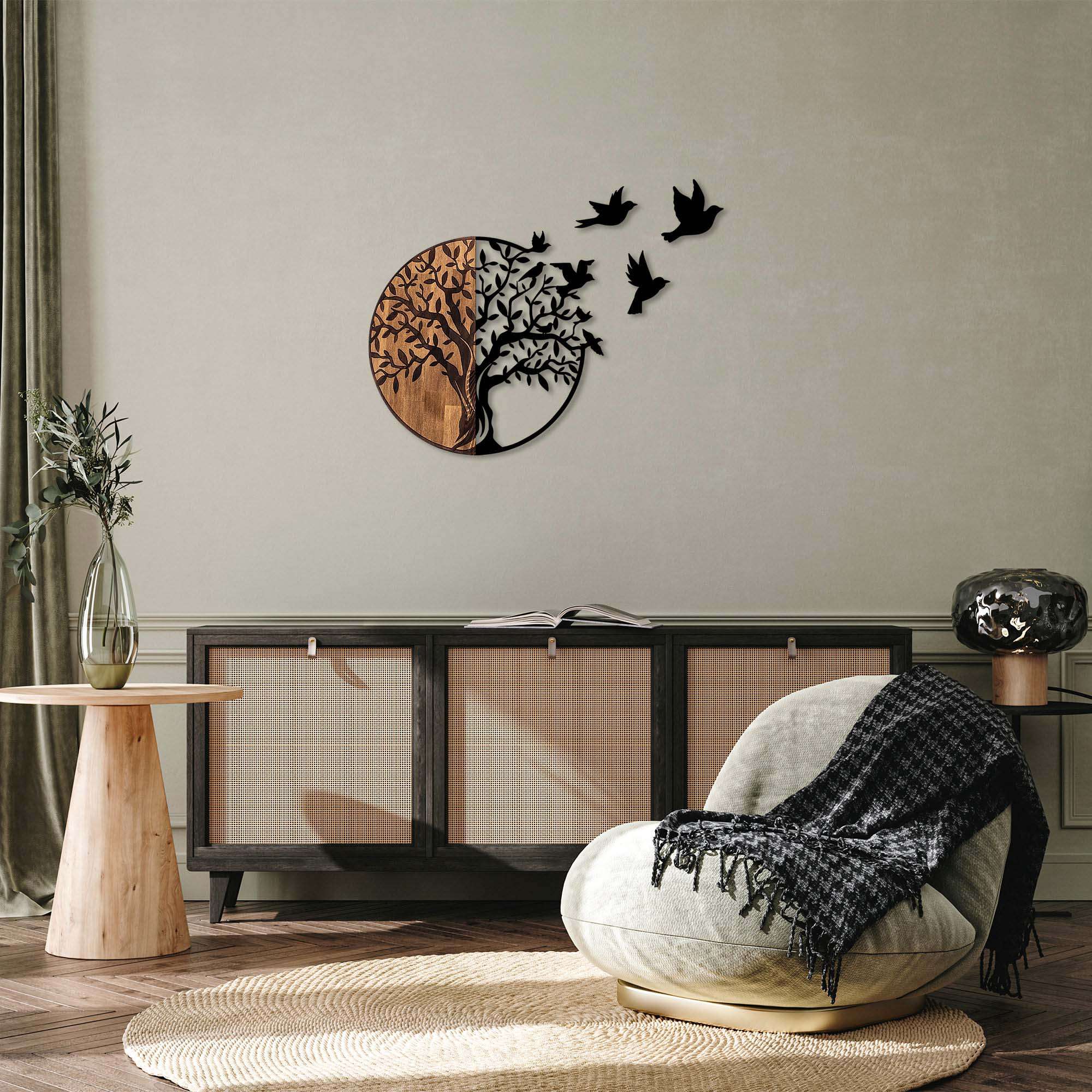 D Coration Murale En Bois Et M Tal Walnut Arbre Et Oiseaux En Vol