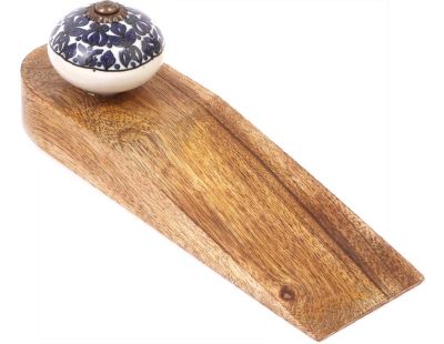 Bloc porte en bois de manguier avec bouton en grès Paon (Modèle 2)