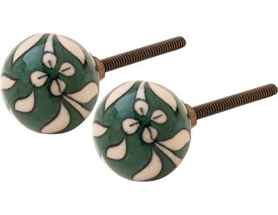 Boutons de porte en céramique verte motif fleurs (Lot de 2)