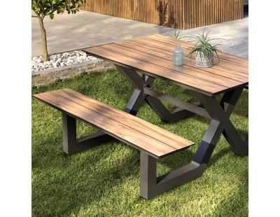 Ensemble table de jardin avec bancs en aluminium et HPL effet bois Vancouver (6 personnes)