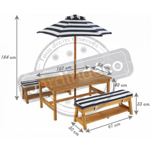 Ensemble table et bancs d'extérieur avec parasol enfant - KID-0330