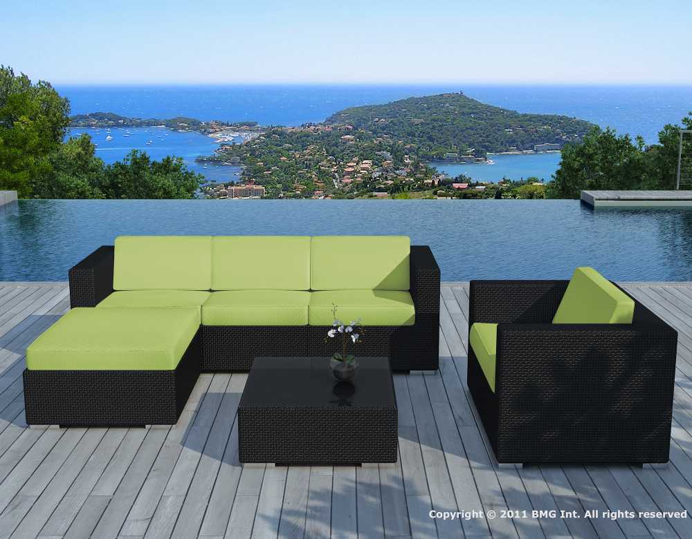 Ensemble jardin 4 pièces en résine noire avec coussins verts