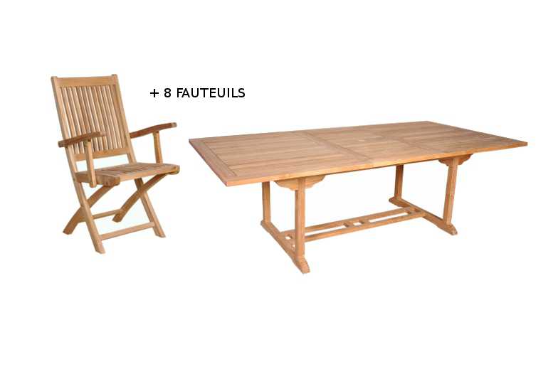 Salon de jardin rectangulaire en teck 10/12 places avec fauteuils