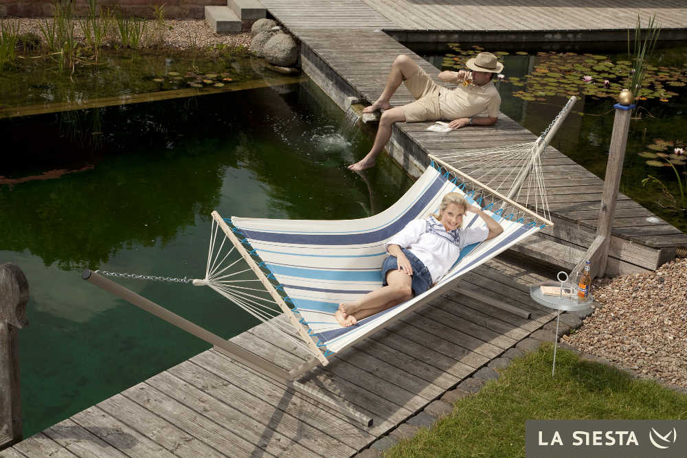 Ensemble hamac bleu � barres 1 place caribena avec support