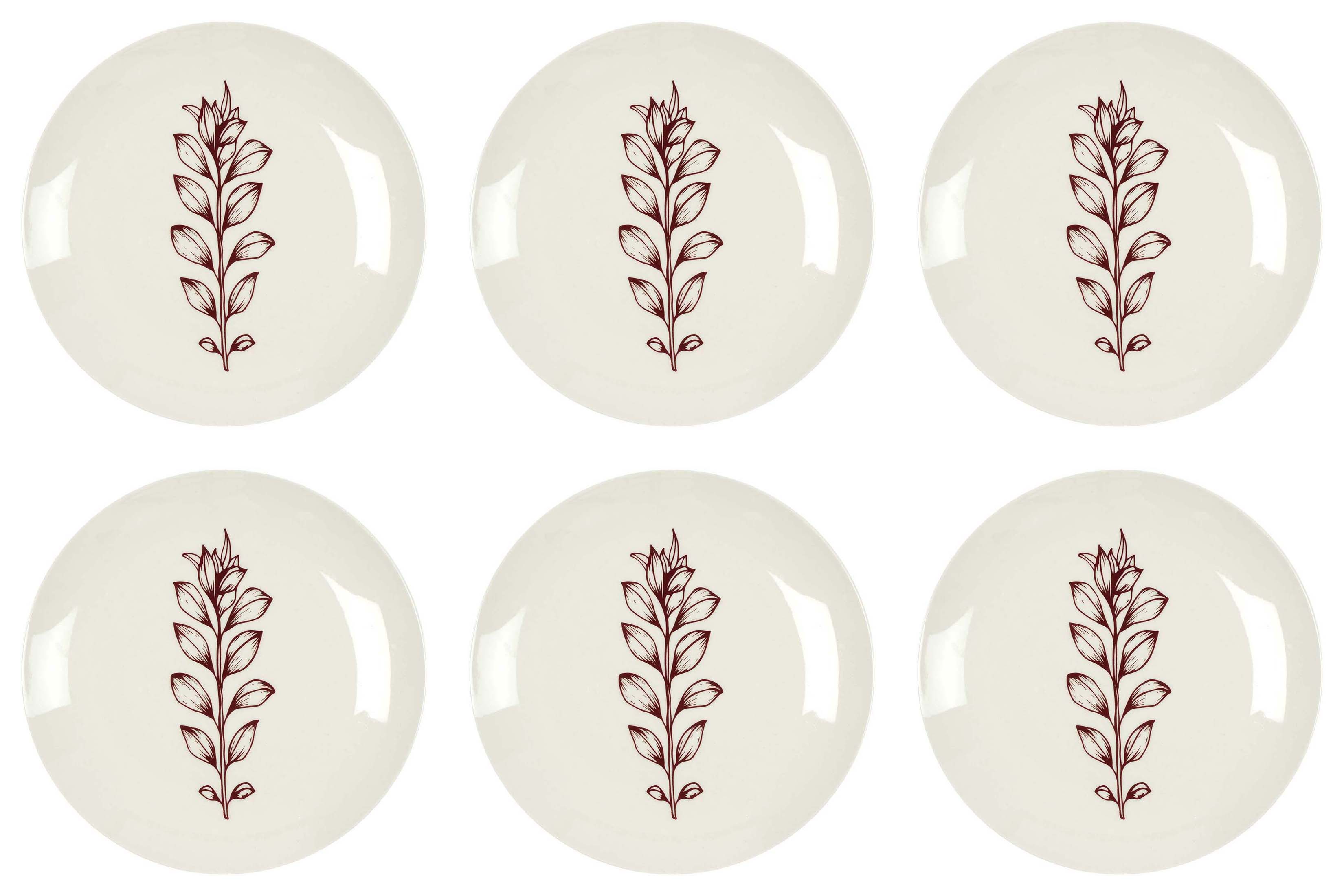 Assiette en porcelaine cottage 20 cm (lot de 6) (blanc et bordeaux)