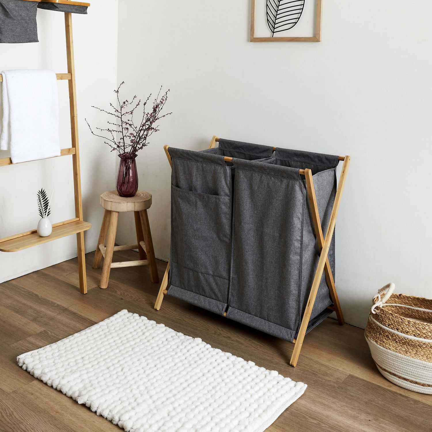 Panier Linge Compartiments Support En Bambou