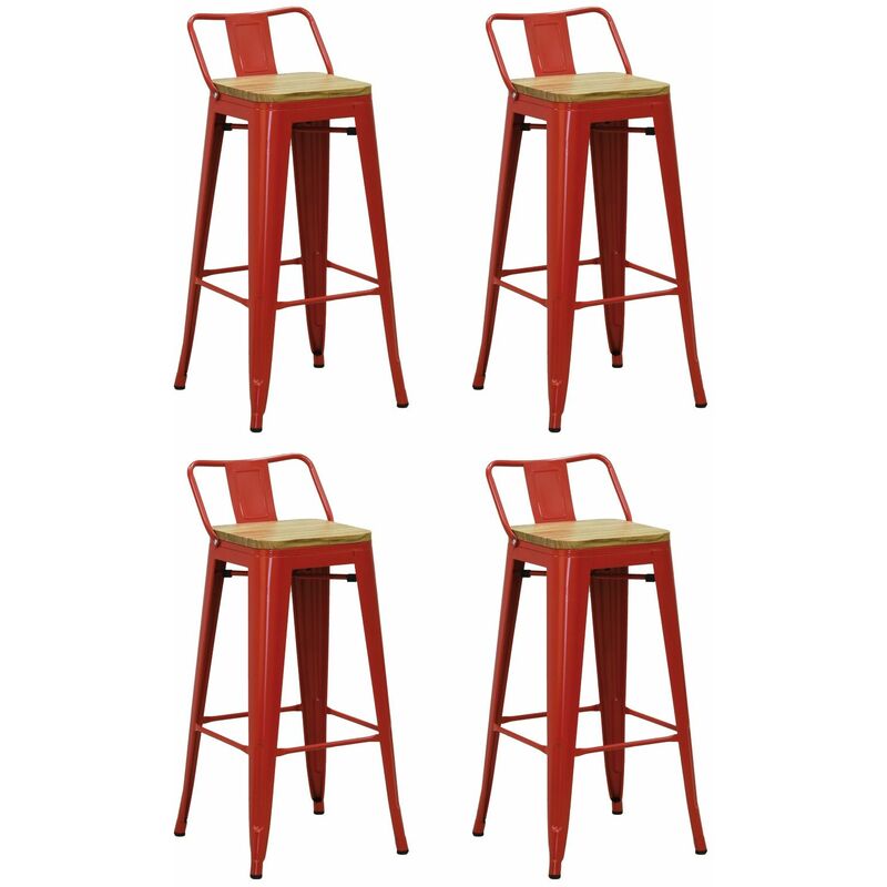 Tabouret de bar en métal laqué et bois d'orme huilé (lot de 4) (rouge)