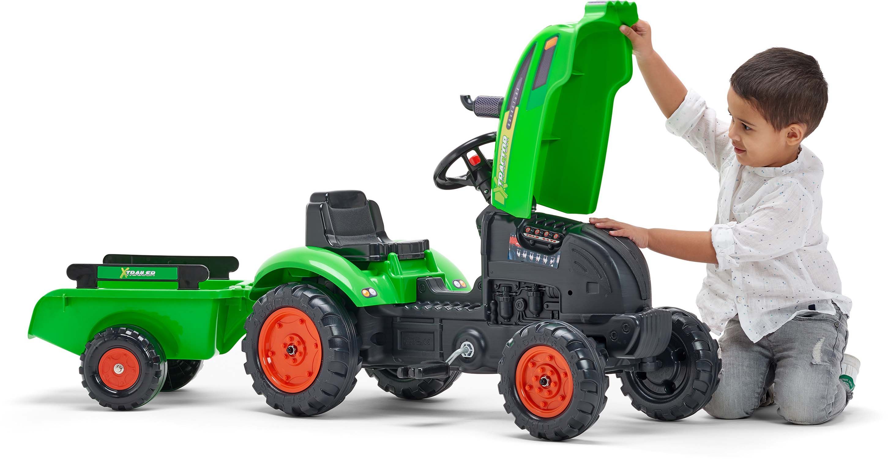 Tracteur pour enfant à pédales avec capot ouvrant et remorque x tractor