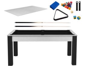 Billard convertible table 6 personnes Texas + plateaux dinatoires + pack accessoires Confort (Blanc bois et noir (tapis))