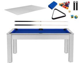 Billard convertible table 6 personnes Texas + plateaux dinatoires + pack accessoires Confort (Blanc boisé et bleu (tapis))