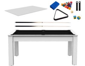 Billard convertible table 6 personnes Texas + plateaux dinatoires + pack accessoires Confort (Blanc laqué et noir (tapis))