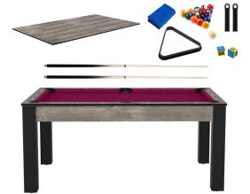 Billard convertible table 6 personnes Texas + plateaux dinatoires + pack accessoires Confort (Industriel et prune (tapis))