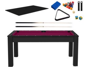 Billard convertible table 6 personnes Texas + plateaux dinatoires + pack accessoires Confort (Noir grainé et prune (tapis))