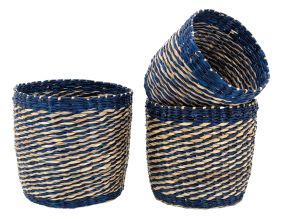 Cache-pots en jonc naturel et bleu (lot de 3)