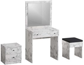 Ensemble coiffeuse avec miroir, petite commode et tabouret Nice (Blanc marbré)