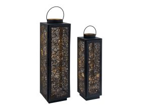 Lanternes en métal laqué noir carrée motif feuilles (Lot de 2)