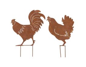 Décors de jardin en métal poule + coq (lot de 2)