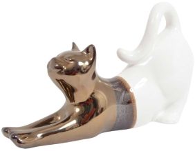 Statuette chat allongé en céramique Zoya (Blanc et or)