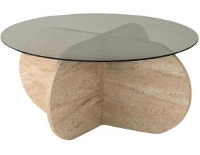 Table basse en verre et aggloméré Bubble (Beige travertine, verre fumé)