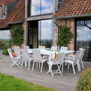 Salon de jardin en aluminium et verre White star (Table + 8 fauteuils + 4 chaises)