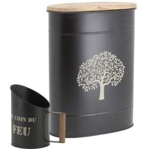 Tabouret et seau à pellets avec pelle Au coin du feu (Métal noir Arbre)