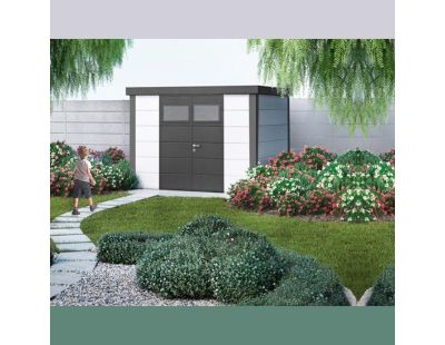 Abri de jardin moderne en acier porte double 7,1 m² Eleganto 3024 (Blanc, Anthracite)