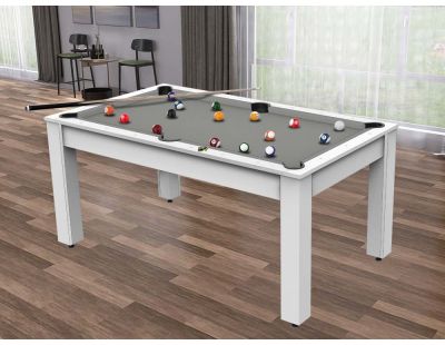 Billard convertible table 6 personnes Texas + plateaux dinatoires + pack accessoires Confort (Blanc laqué et gris (tapis))