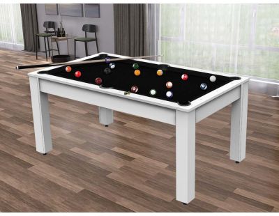 Billard convertible table 6 personnes Texas + plateaux dinatoires + pack accessoires Confort (Blanc laqué et noir (tapis))