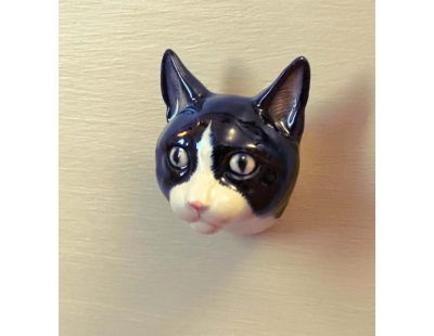 Bouton de porte animal en porcelaine (Tête de chat noir et blanc)