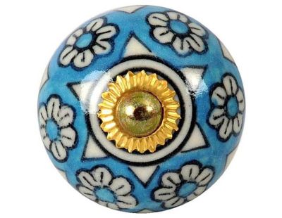 Bouton de porte rond bleu fleurs (Lot de 2)