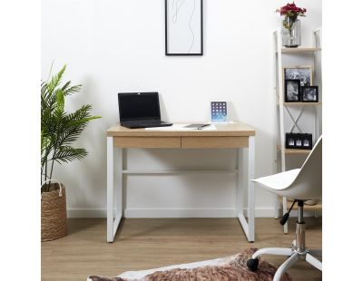 Bureau industriel en bois et métal avec tiroir (Bois et blanc)