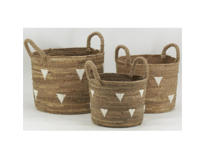 Cache-pots en abaca naturel et triangles blancs (lot de 3)