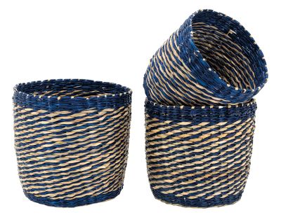 Cache-pots en jonc naturel et bleu (lot de 3)