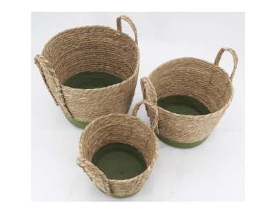 Cache-pots en jonc naturel et coton vert (lot de 3)