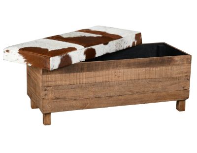 Coffre banquette en bois recyclé et peau de vache