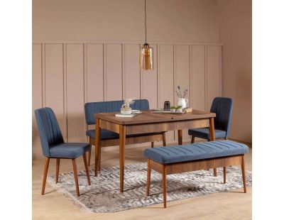 Ensemble repas table chaises et banc Vina (Noyer et bleu foncé)