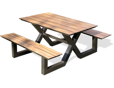 Ensemble table de jardin avec bancs en aluminium et HPL effet bois Vancouver (6 personnes)