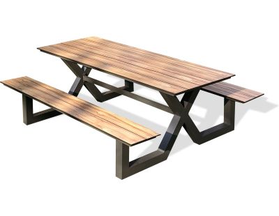 Ensemble table de jardin avec bancs en aluminium et HPL effet bois Vancouver (8 personnes)