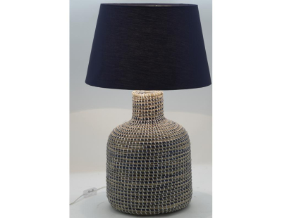 Pied de lampe en jonc naturel et bleu