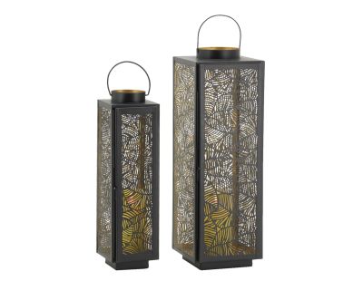 Lanternes en métal laqué noir carrée motif feuilles (Lot de 2)