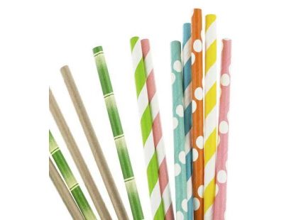 Pailles imprimées fantaisies en papier (Lot de 50) (Rayures pastels)