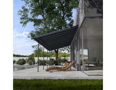 Pergola à adosser en aluminium et polycarbonate gris Capri (3 x 9.7 m)