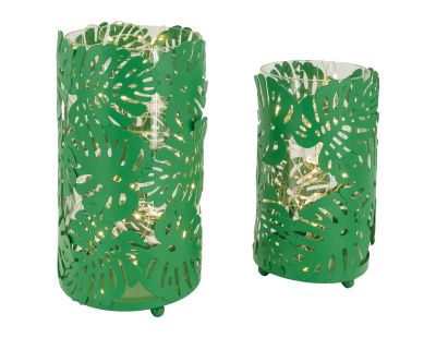 Photophores ronds verts feuilles tropicales métal (Lot de 2)