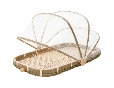 Plateau en bambou avec cloche en filet synthétique (Longueur 45cm)