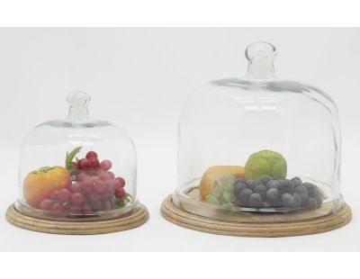 Cloches en verre + plateaux en manguier (lot de 2)