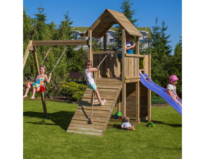 Plateforme de jeux en bois Carol (Tour + toboggan + balançoire + rampe)