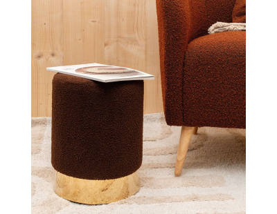 Pouf rond en bouclette et métal doré (Marron)