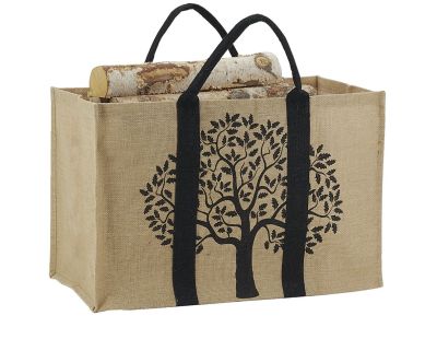 Sac à bûches en jute (Motif noir arbre)