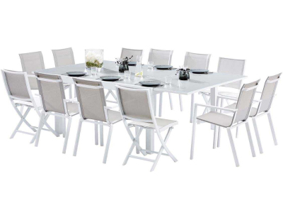 Salon de jardin en aluminium et verre White star (Table + 8 fauteuils + 4 chaises)